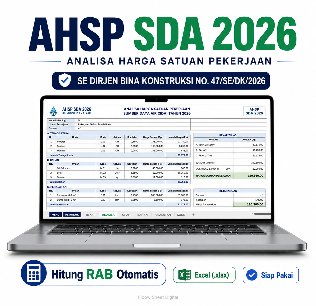 Template Excel AHSP SDA 2026 | Analisa Harga Satuan Pekerjaan Sumber Daya Air Sesuai SE Dirjen Bina Konstruksi No. 47/SE/DK/2026