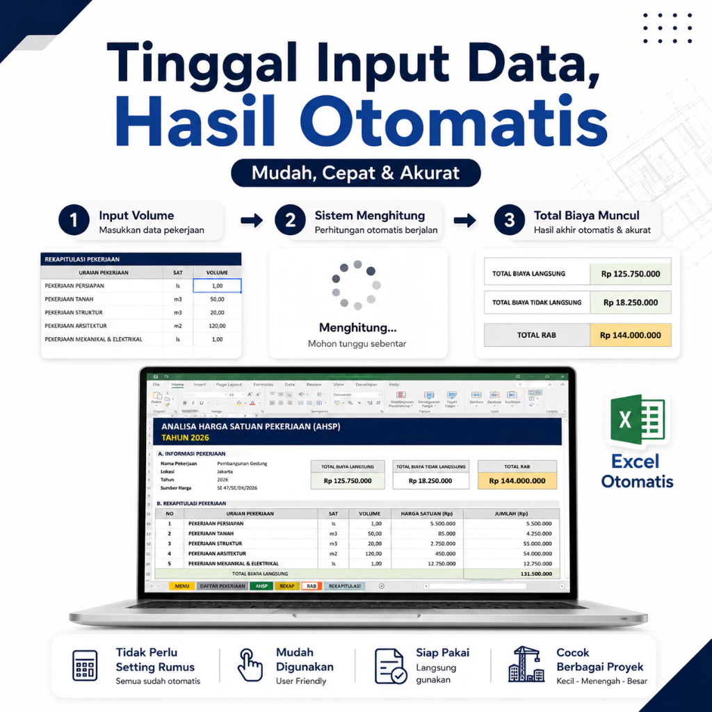 Template AHSP 2026 Excel Otomatis - Analisa Harga Satuan Pekerjaan & Penyusunan RAB | Mengacu SE 47/SE/DK/2026