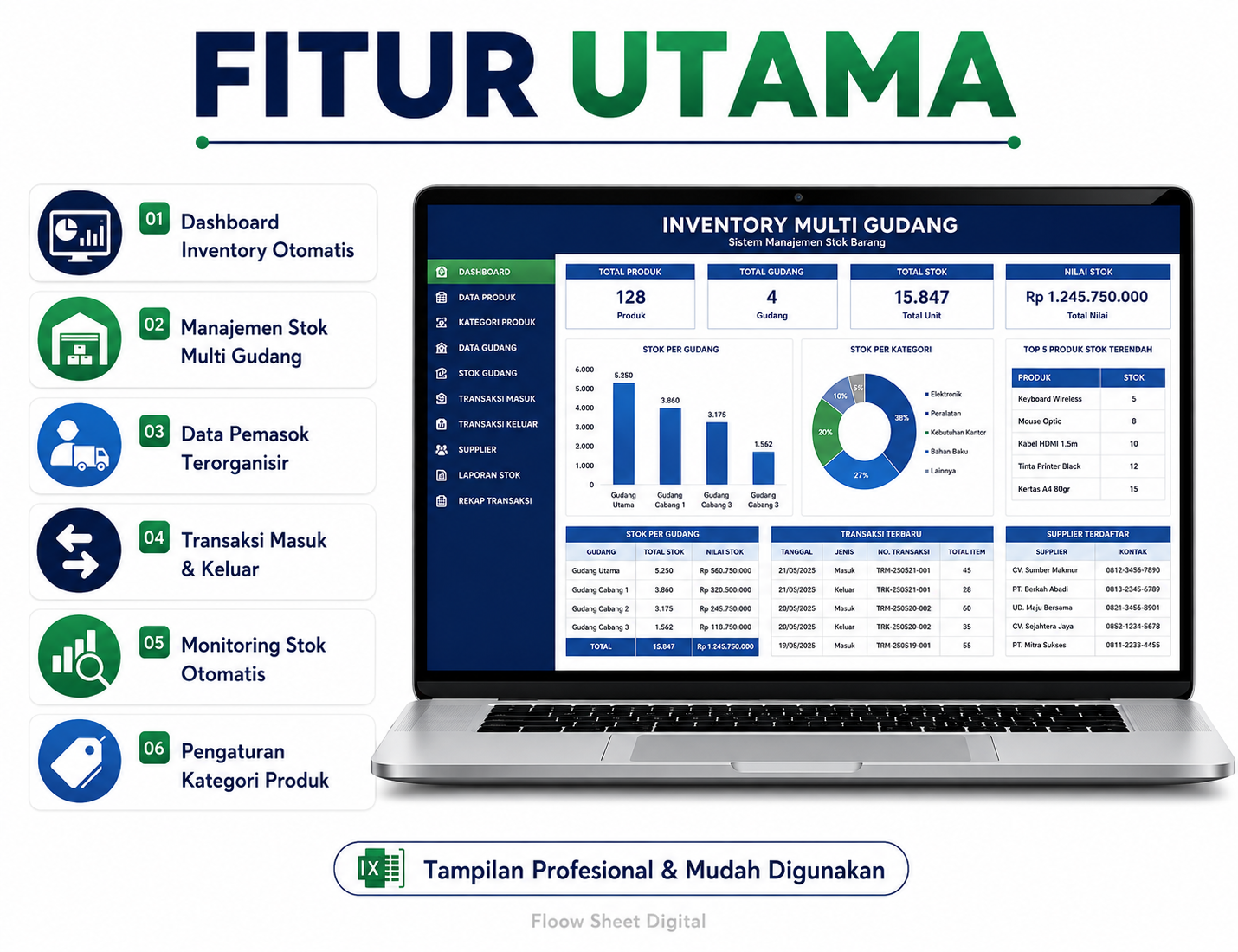Template Excel Inventory Multi Gudang Otomatis | Manajemen Stok Barang & Dashboard Inventory Siap Pakai