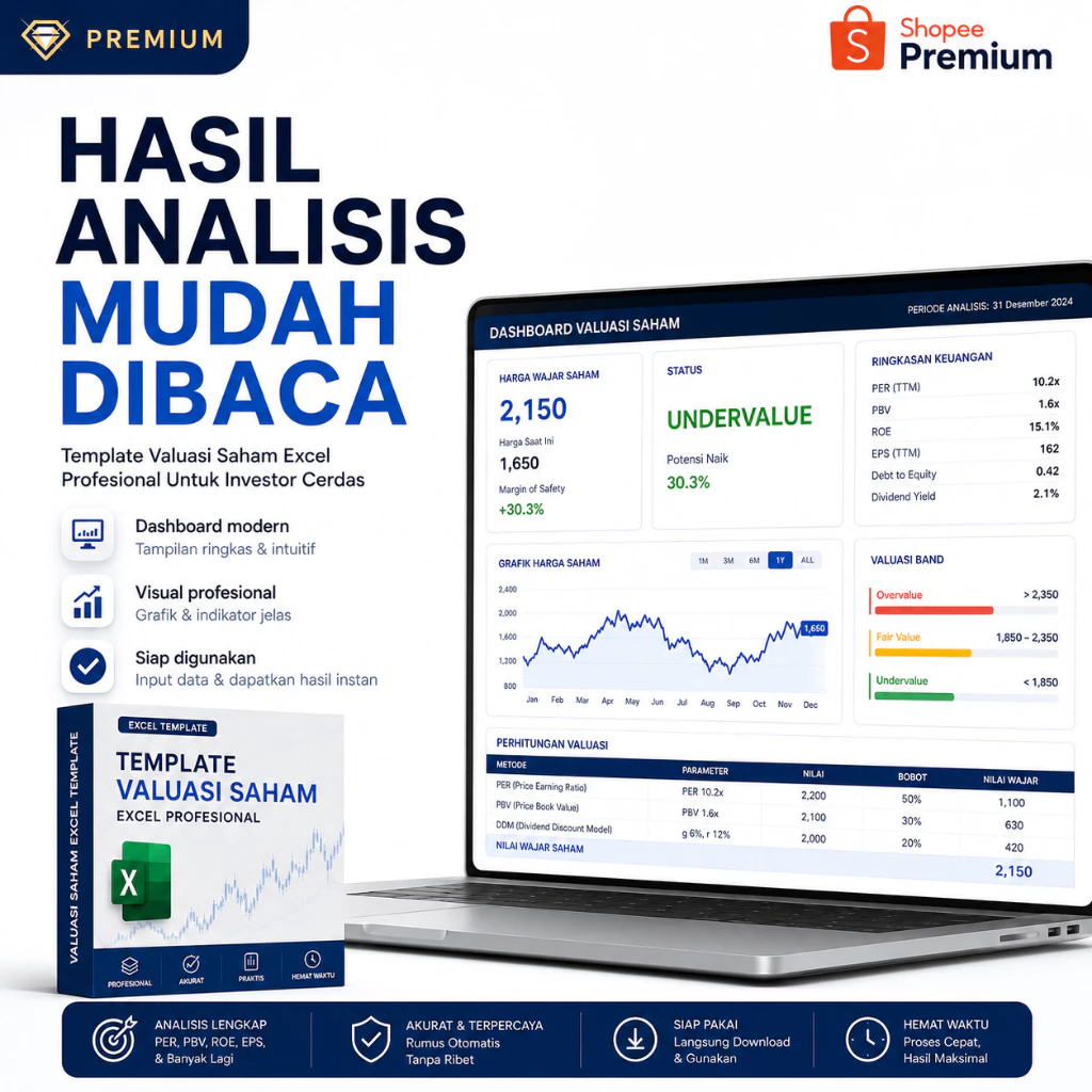Template Valuasi Saham Excel Otomatis - Hitung Harga Wajar Saham PER & PBV | Dashboard Analisis Siap Pakai