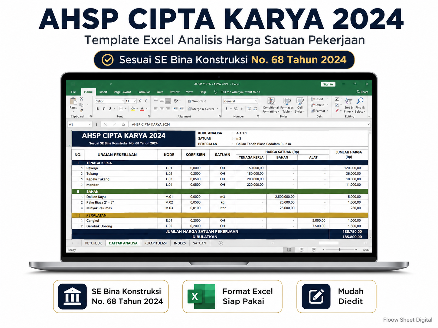 Template Excel AHSP Cipta Karya 2024 | Analisis Harga Satuan Pekerjaan Sesuai SE Bina Konstruksi No. 68 Tahun 2024