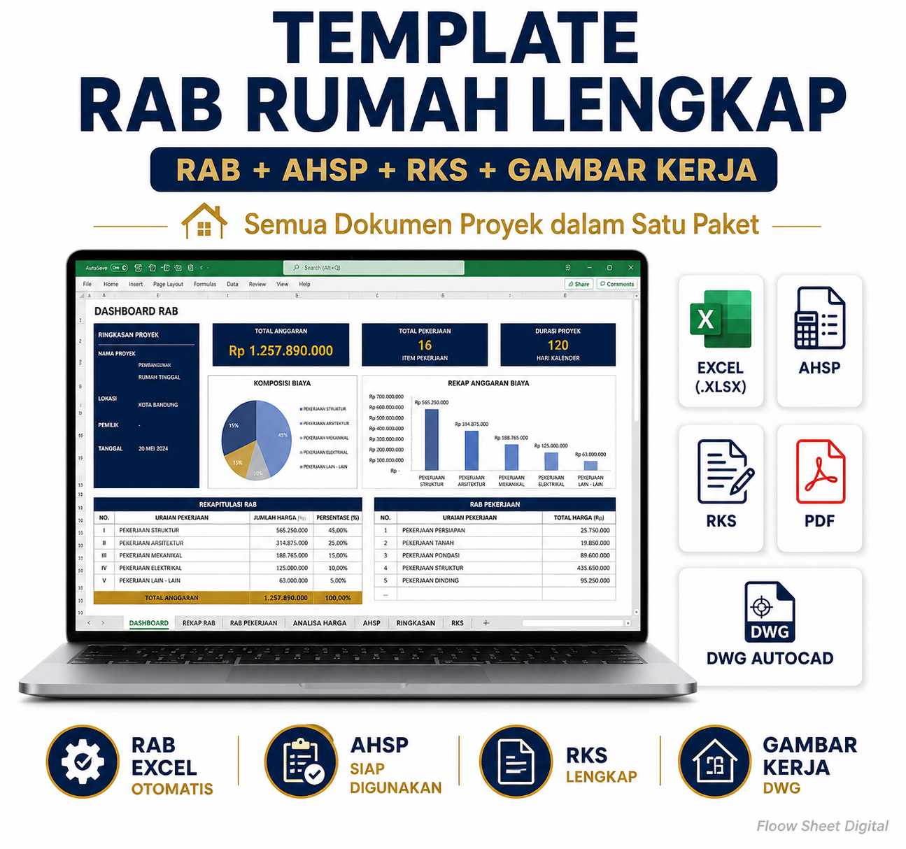 Template RAB Rumah Lengkap Excel | RAB AHSP RKS & Gambar Kerja AutoCAD DWG | Paket Dokumen Proyek Siap Pakai