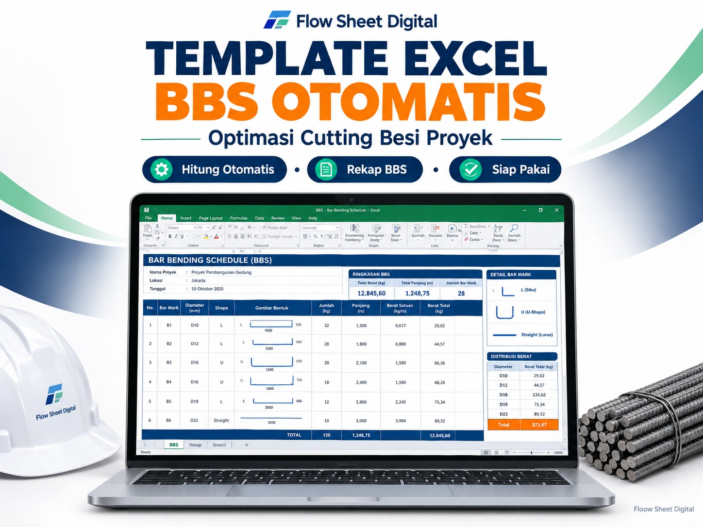 Template Excel BBS Otomatis Premium | Bar Bending Schedule, Berat Tulangan & Optimasi Cutting Besi