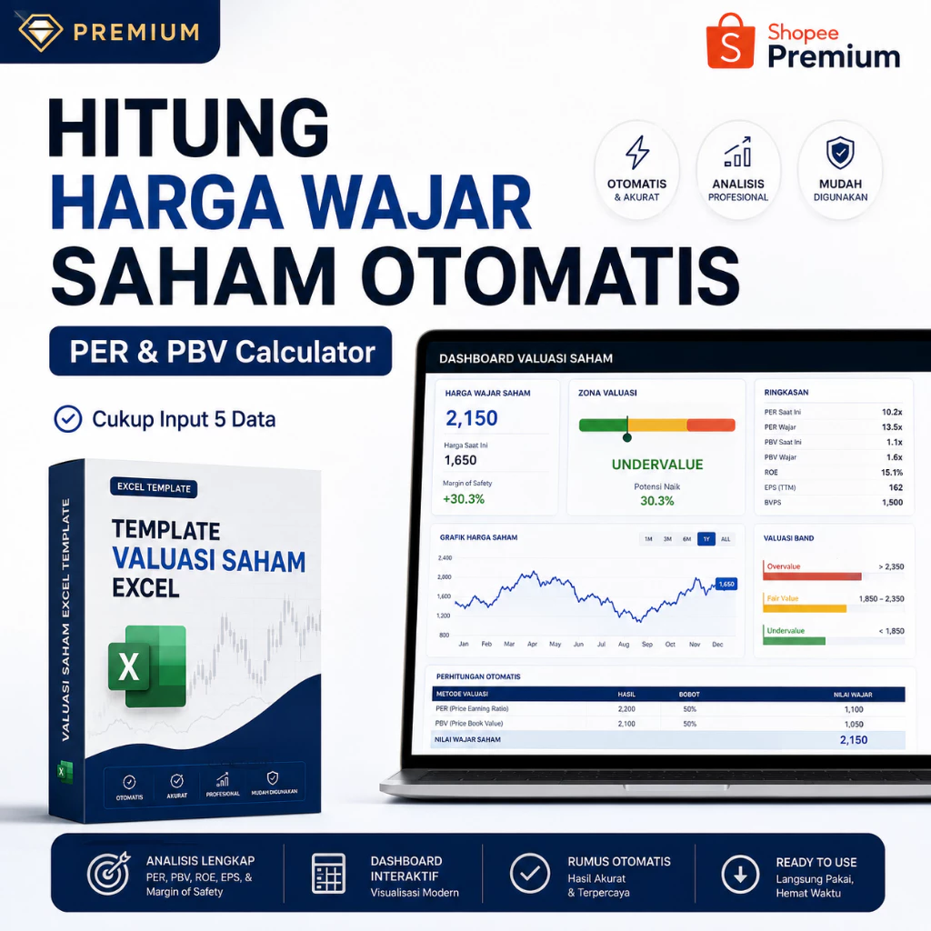 Template Valuasi Saham Excel Otomatis - Hitung Harga Wajar Saham PER & PBV | Dashboard Analisis Siap Pakai