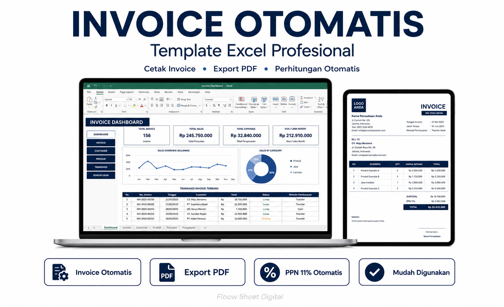 Template Excel Invoice Otomatis | Cetak Invoice, Export PDF, PPN 11% & Dashboard Penjualan