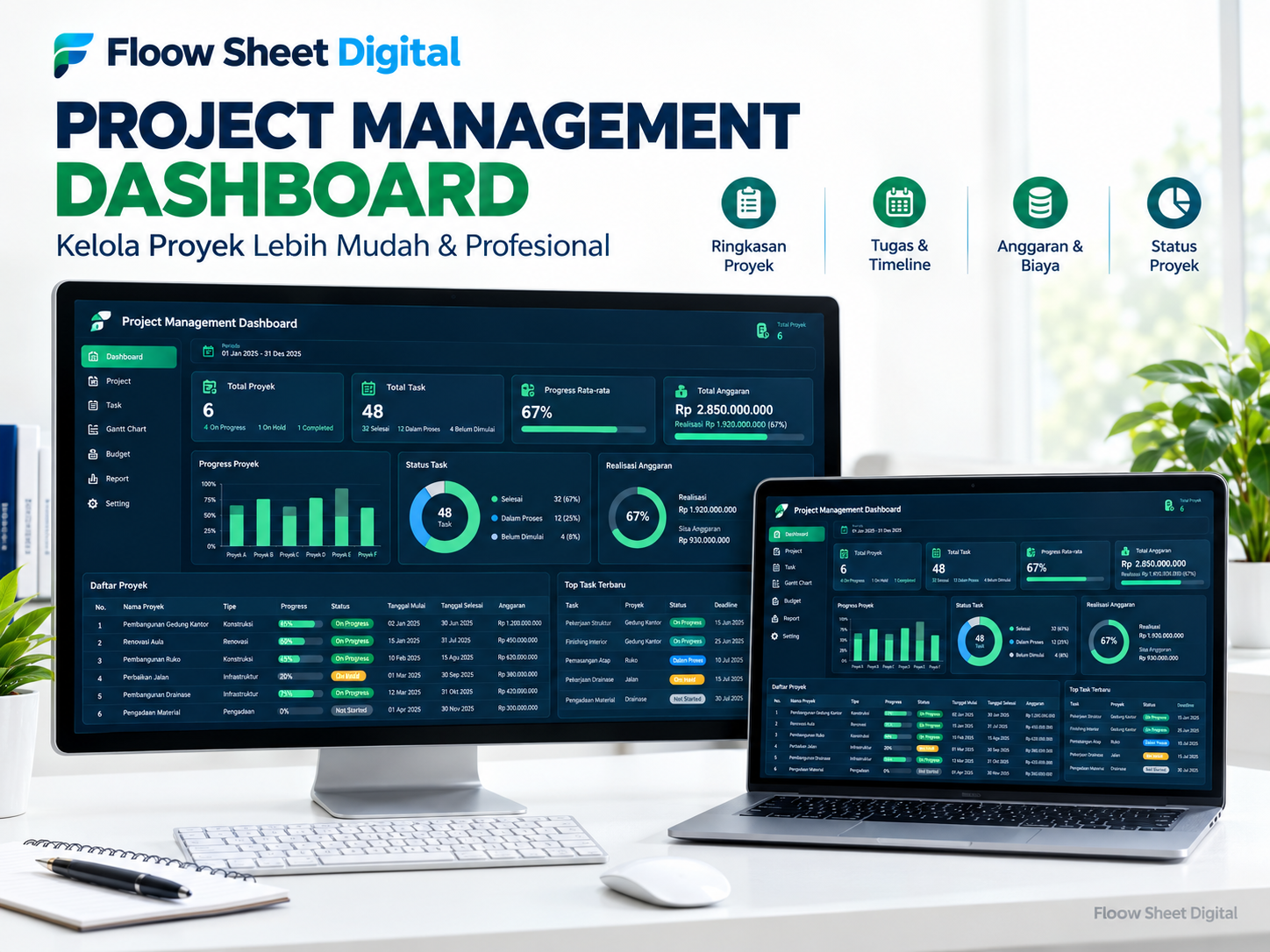 Template Project Management Dashboard Excel & Spreadsheet | Task Tracker, Budget Tracker & Monitoring Proyek Otomatis