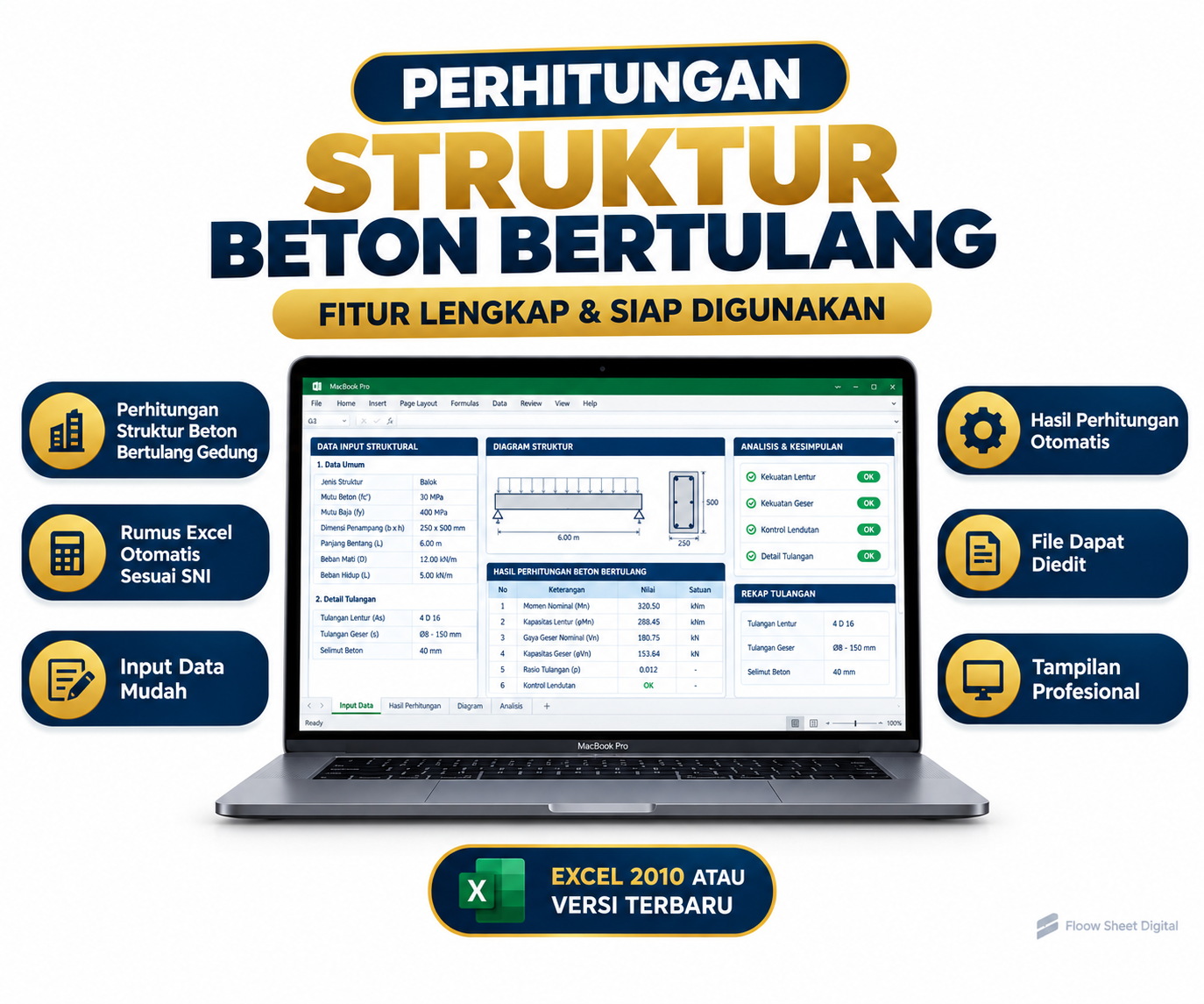 Template Excel Perhitungan Struktur Beton Bertulang Gedung | Sesuai SNI | Analisis Struktur Otomatis Siap Pakai