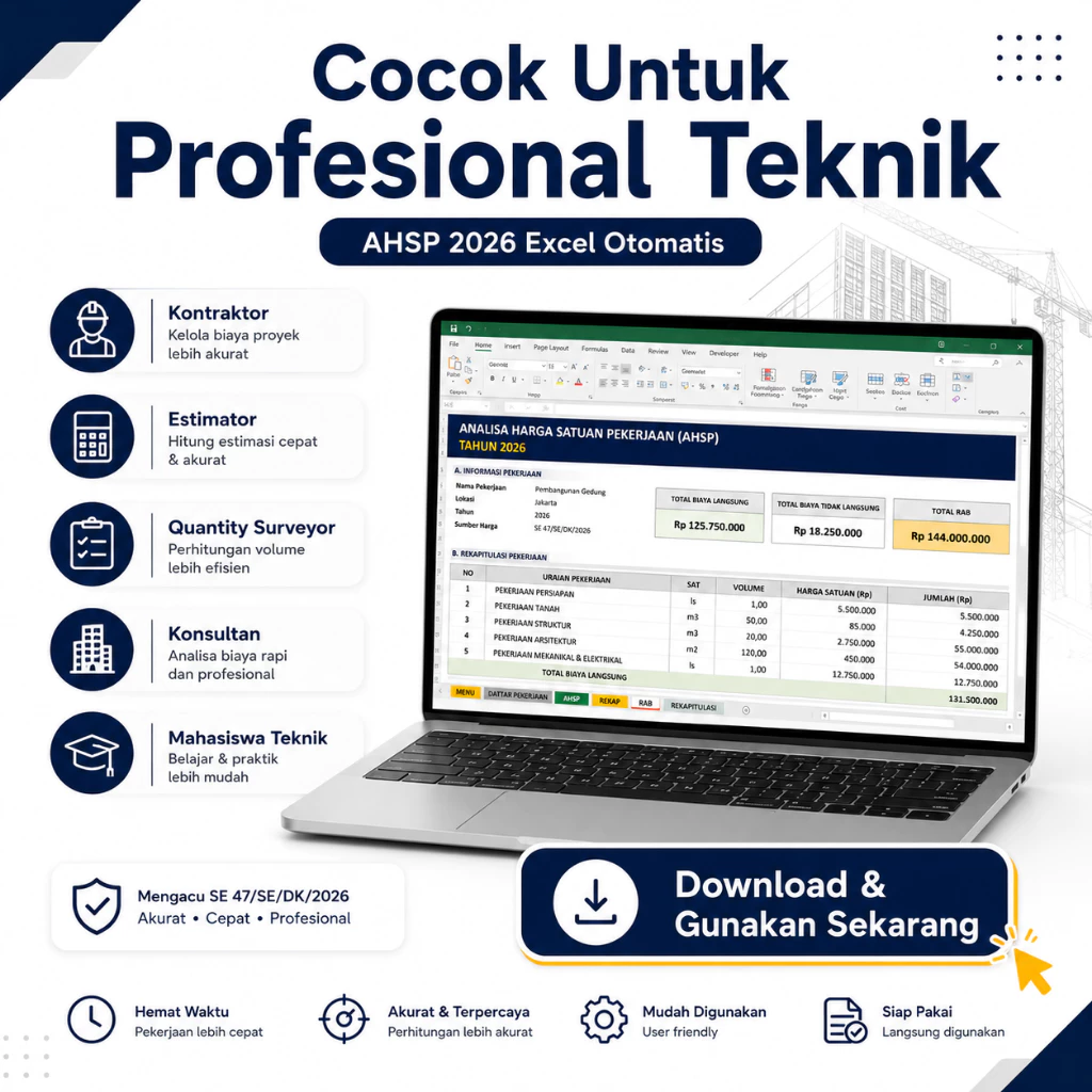 Template AHSP 2026 Excel Otomatis - Analisa Harga Satuan Pekerjaan & Penyusunan RAB | Mengacu SE 47/SE/DK/2026