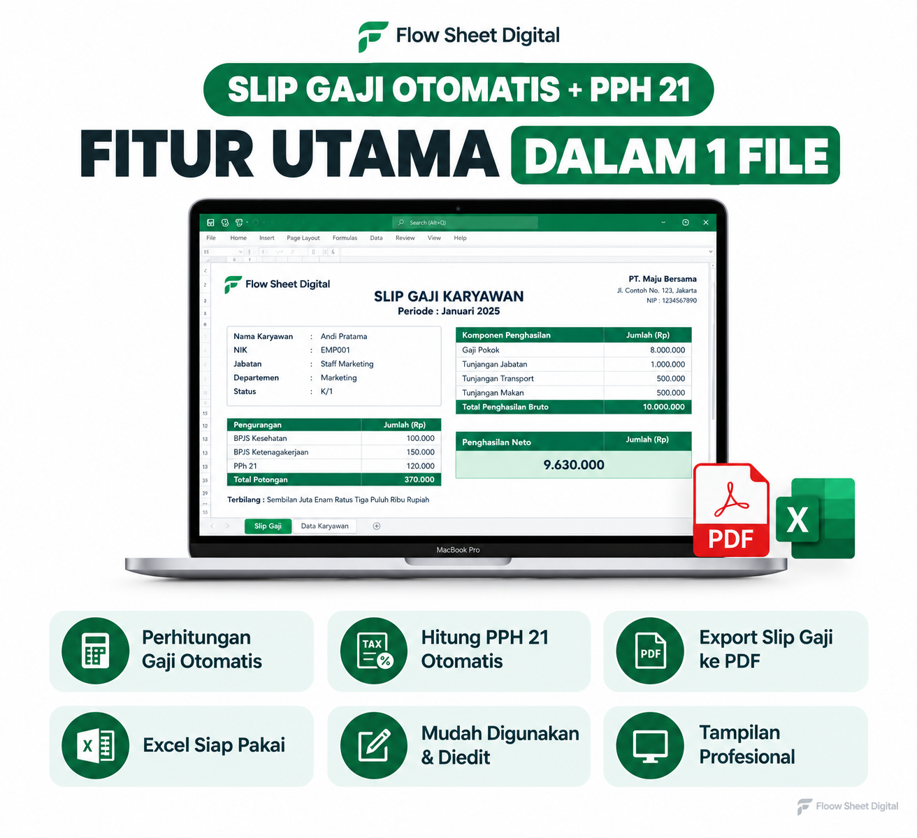 Template Excel Slip Gaji Otomatis PPH 21 | Payroll Karyawan, Hitung Gaji & Export PDF Siap Pakai