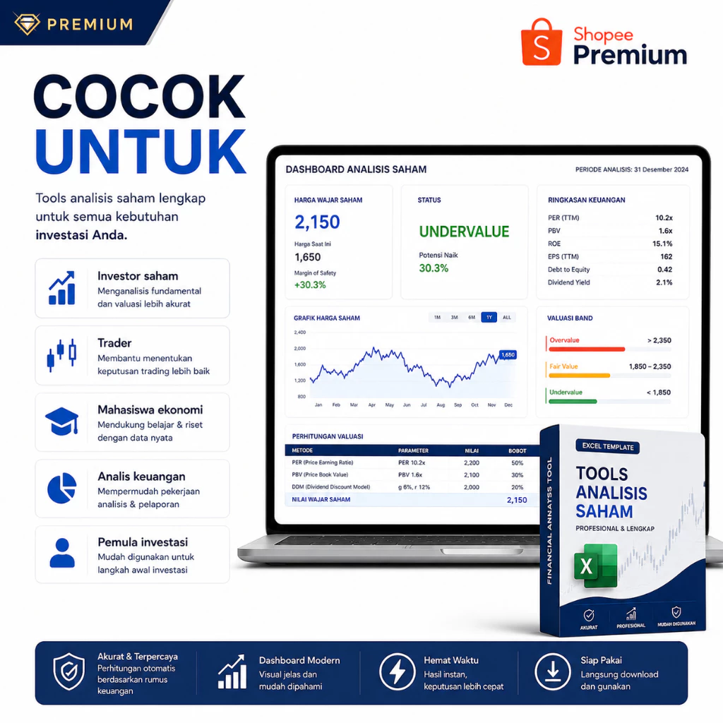 Template Valuasi Saham Excel Otomatis - Hitung Harga Wajar Saham PER & PBV | Dashboard Analisis Siap Pakai