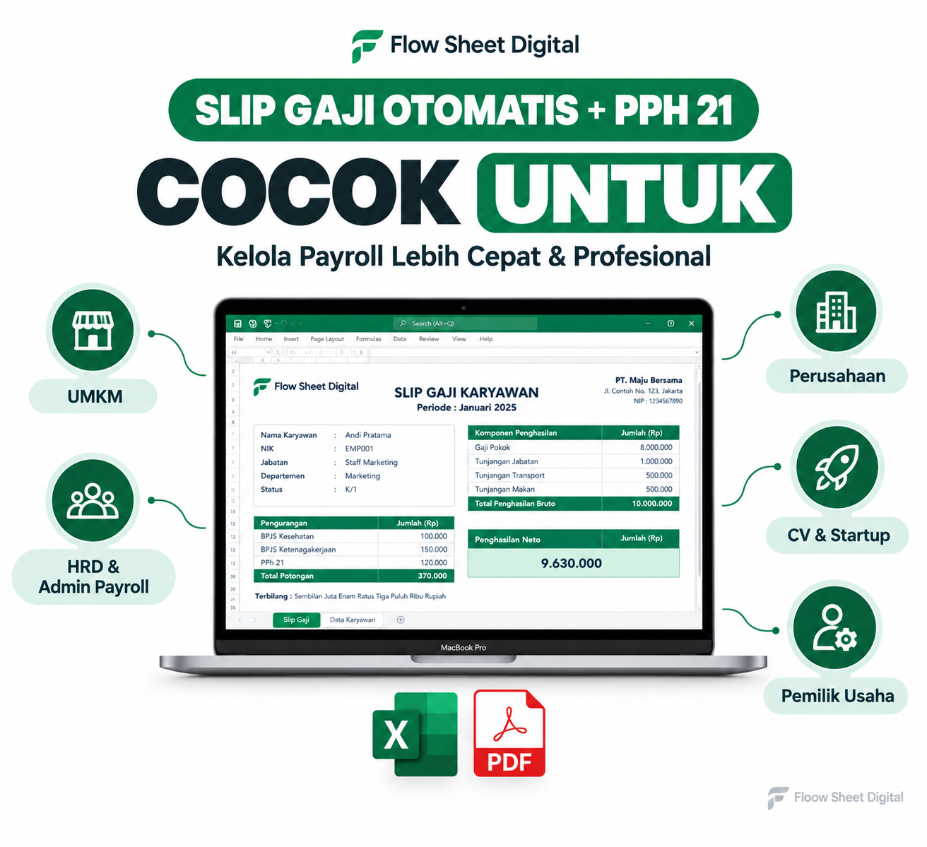 Template Excel Slip Gaji Otomatis PPH 21 | Payroll Karyawan, Hitung Gaji & Export PDF Siap Pakai