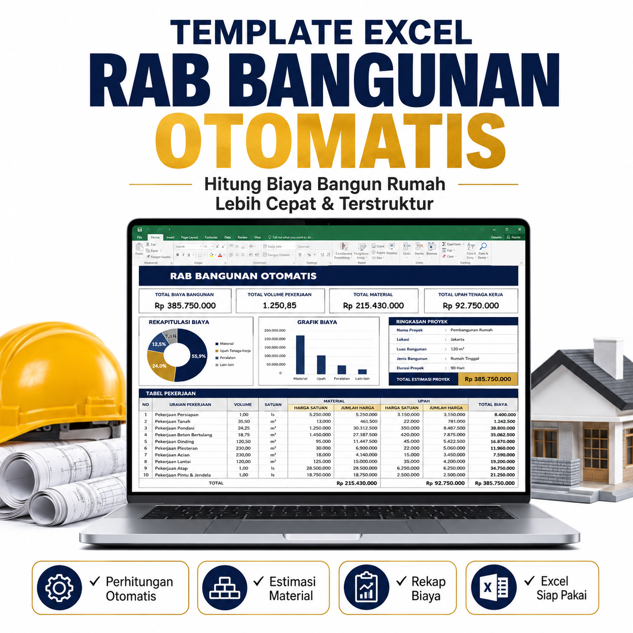 Template RAB Bangunan Otomatis Excel | Hitung Biaya Bangun Rumah, Volume & Estimasi Material | RAB Siap Pakai