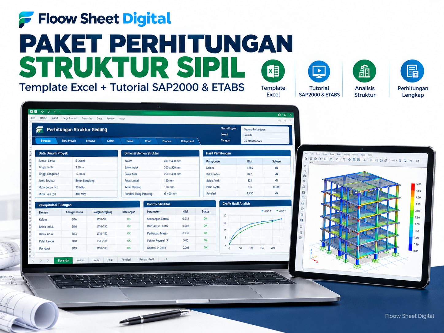 Paket Template Perhitungan Struktur Sipil Excel + Tutorial SAP2000 & ETABS | Siap Pakai