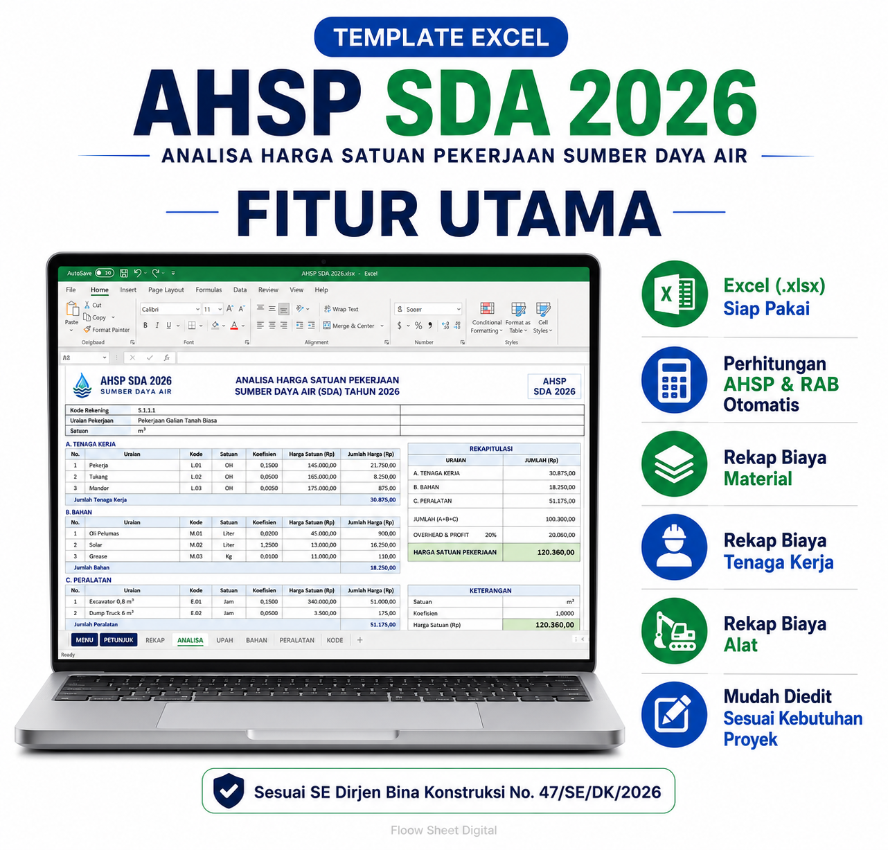 Template Excel AHSP SDA 2026 | Analisa Harga Satuan Pekerjaan Sumber Daya Air Sesuai SE Dirjen Bina Konstruksi No. 47/SE/DK/2026