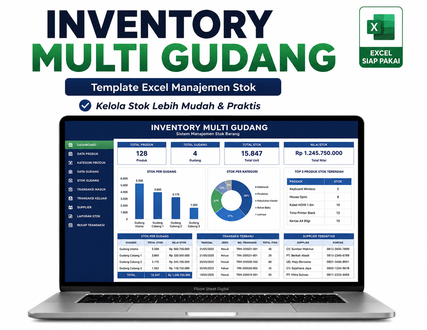 Template Excel Inventory Multi Gudang Otomatis | Manajemen Stok Barang & Dashboard Inventory Siap Pakai
