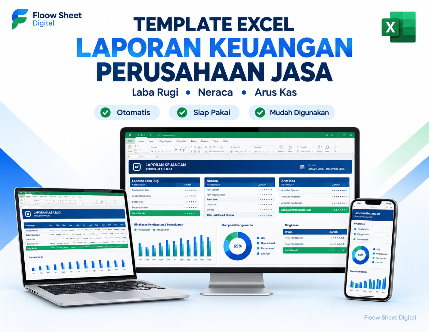 Template Excel Laporan Keuangan Perusahaan Jasa Otomatis | Laba Rugi, Neraca & Arus Kas