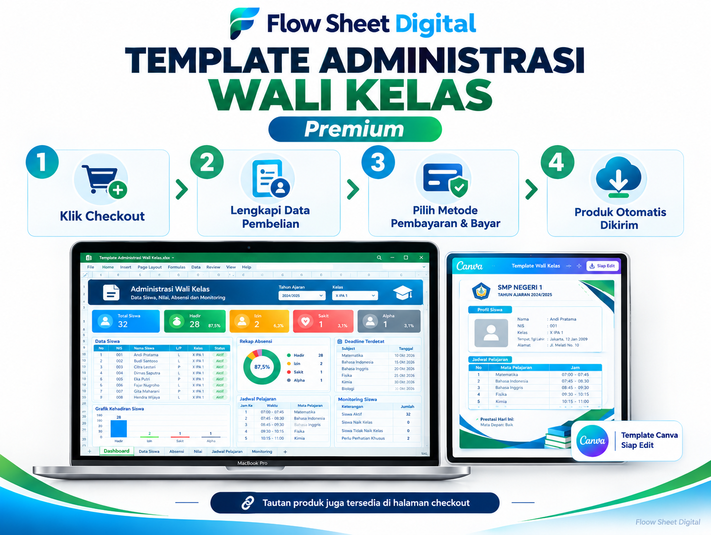 Template Administrasi Wali Kelas Premium | Excel Otomatis + Canva | Dashboard, Absensi & Nilai