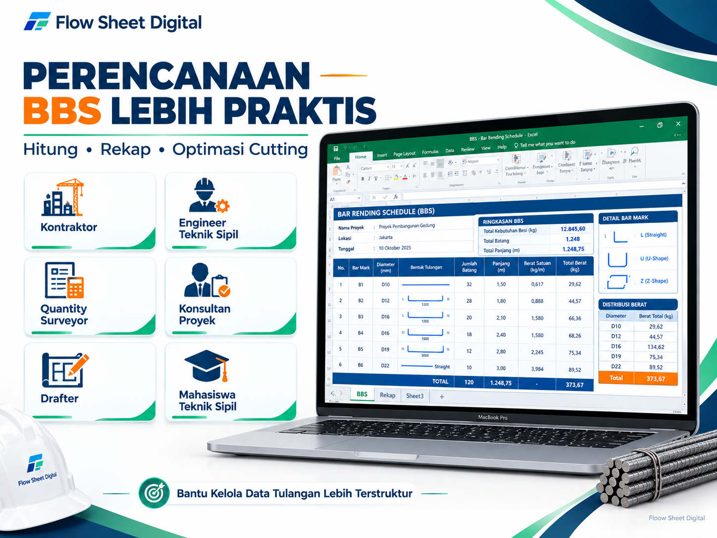 Template Excel BBS Otomatis Premium | Bar Bending Schedule, Berat Tulangan & Optimasi Cutting Besi