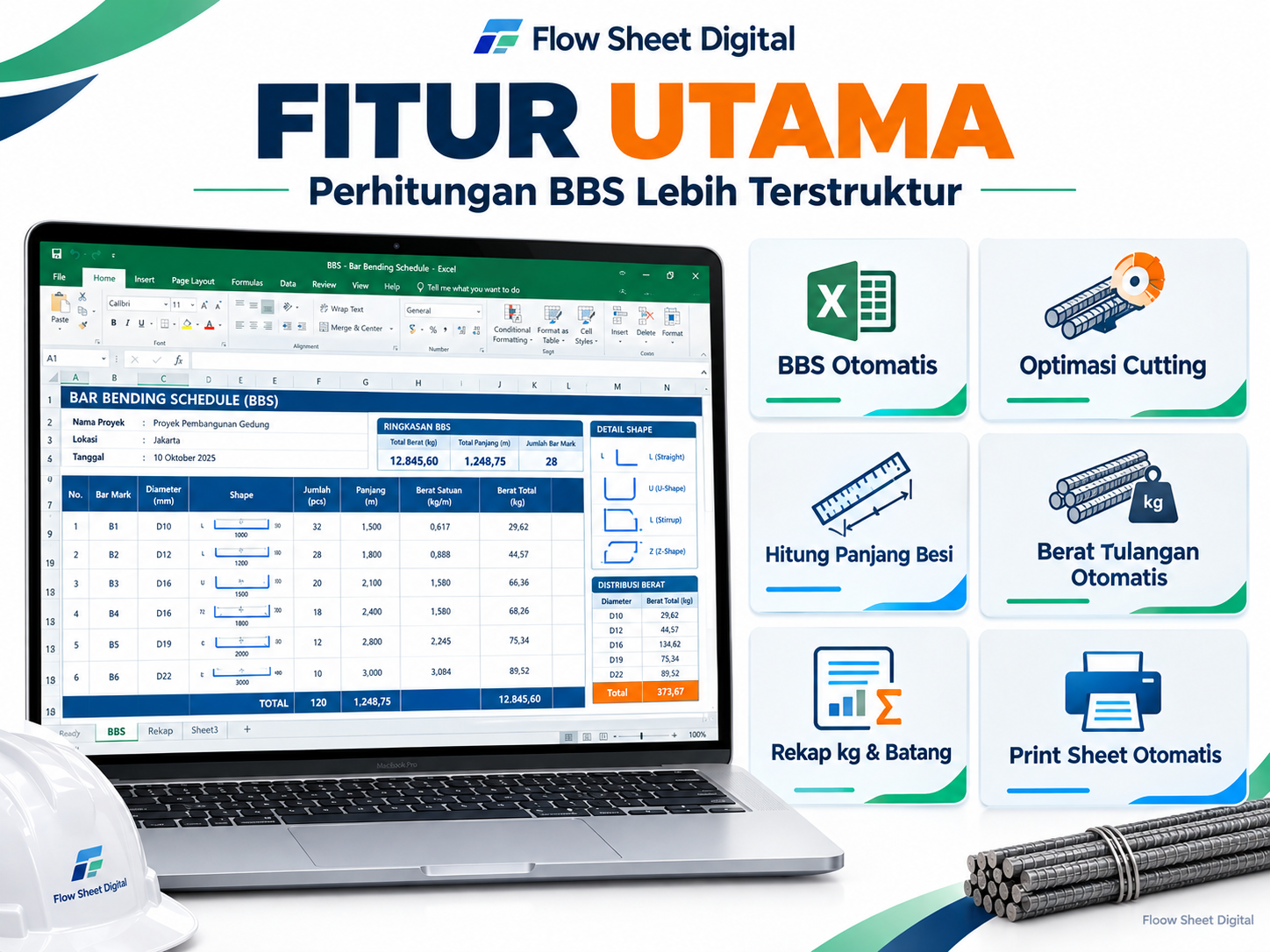 Template Excel BBS Otomatis Premium | Bar Bending Schedule, Berat Tulangan & Optimasi Cutting Besi
