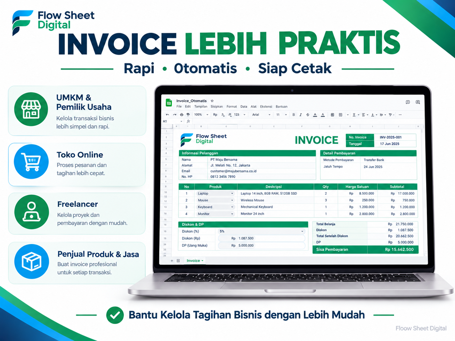 Template Invoice Otomatis Google Sheets | Invoice Generator, Diskon & DP Otomatis