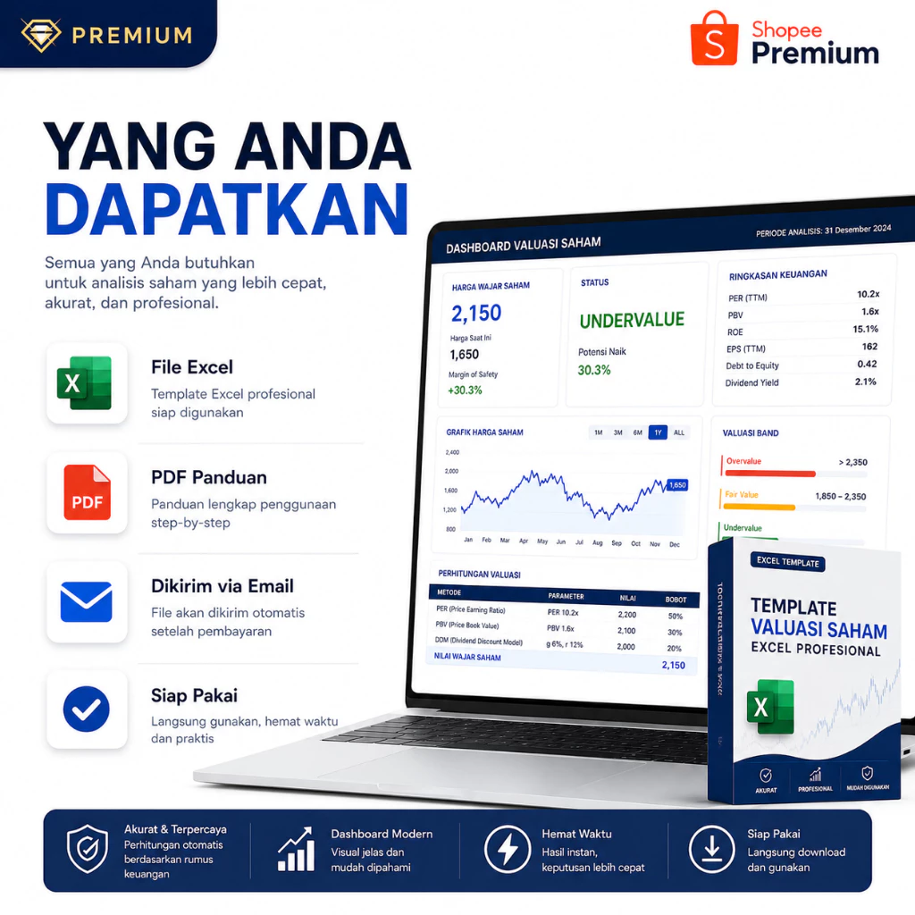 Template Valuasi Saham Excel Otomatis - Hitung Harga Wajar Saham PER & PBV | Dashboard Analisis Siap Pakai