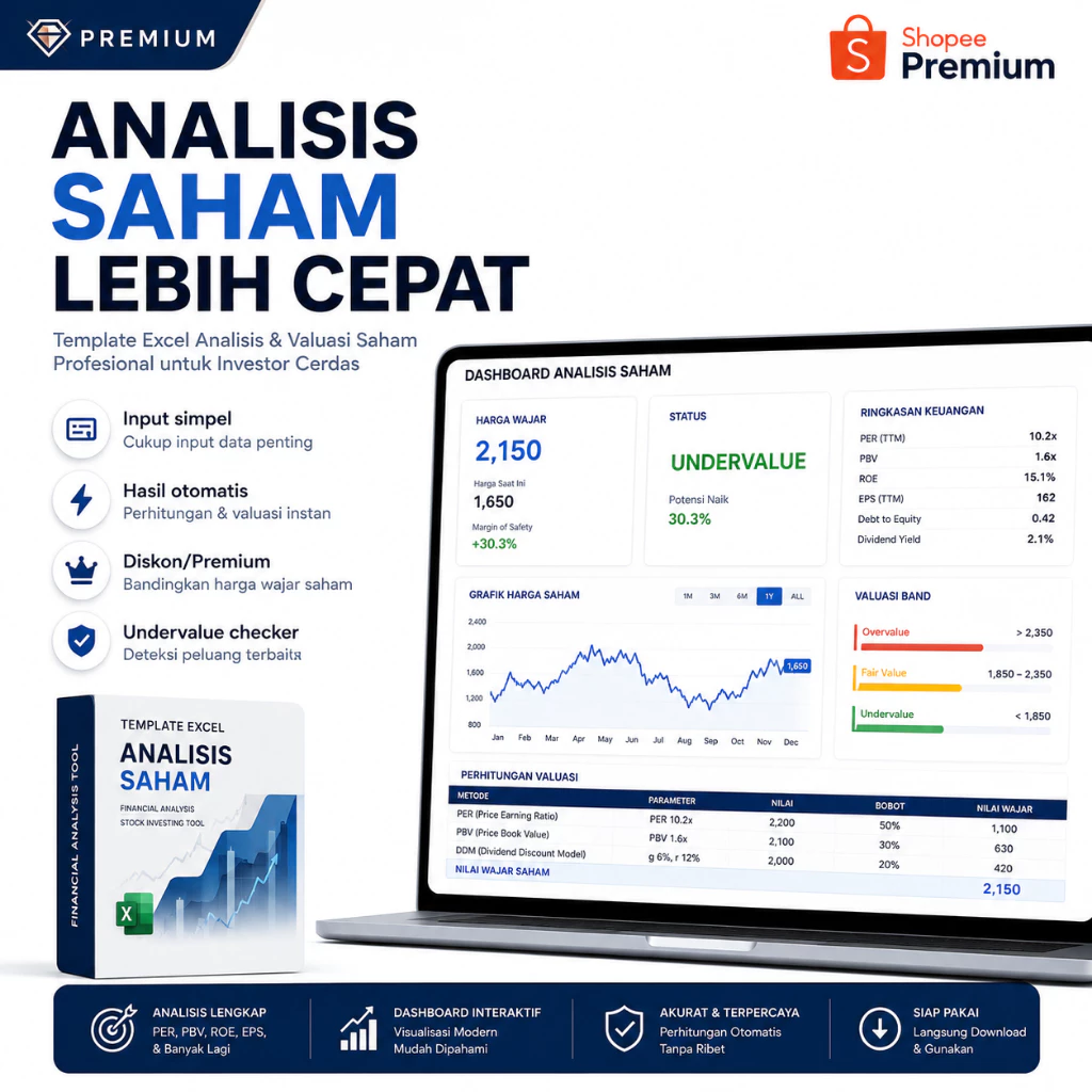 Template Valuasi Saham Excel Otomatis - Hitung Harga Wajar Saham PER & PBV | Dashboard Analisis Siap Pakai