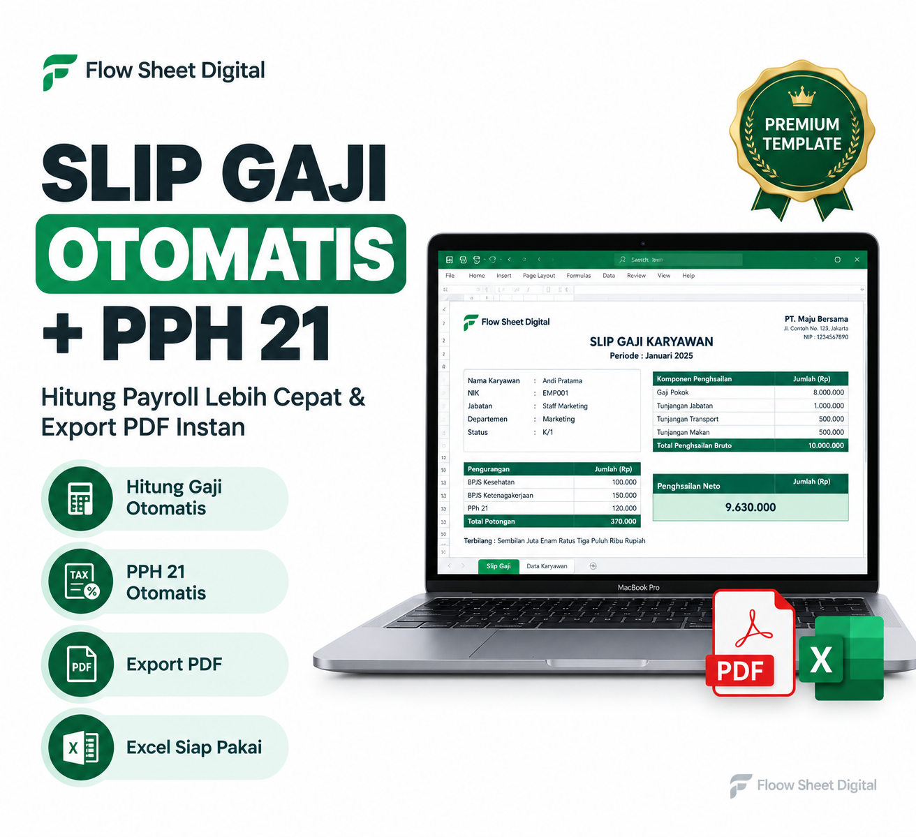 Template Excel Slip Gaji Otomatis PPH 21 | Payroll Karyawan, Hitung Gaji & Export PDF Siap Pakai