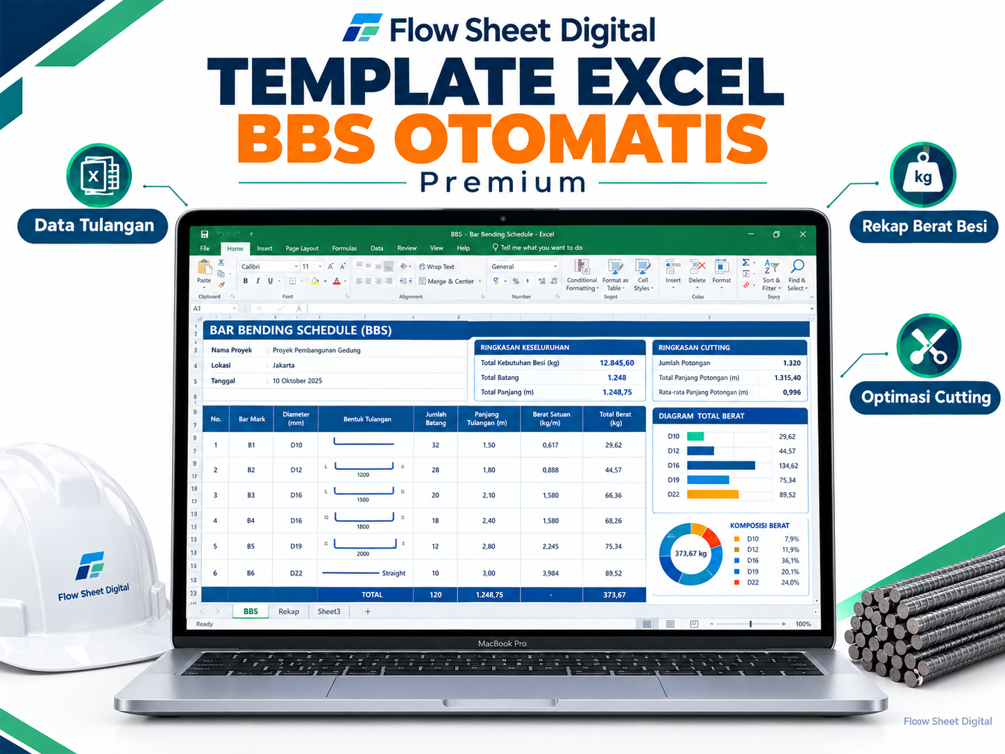 Template Excel BBS Otomatis Premium | Bar Bending Schedule, Berat Tulangan & Optimasi Cutting Besi