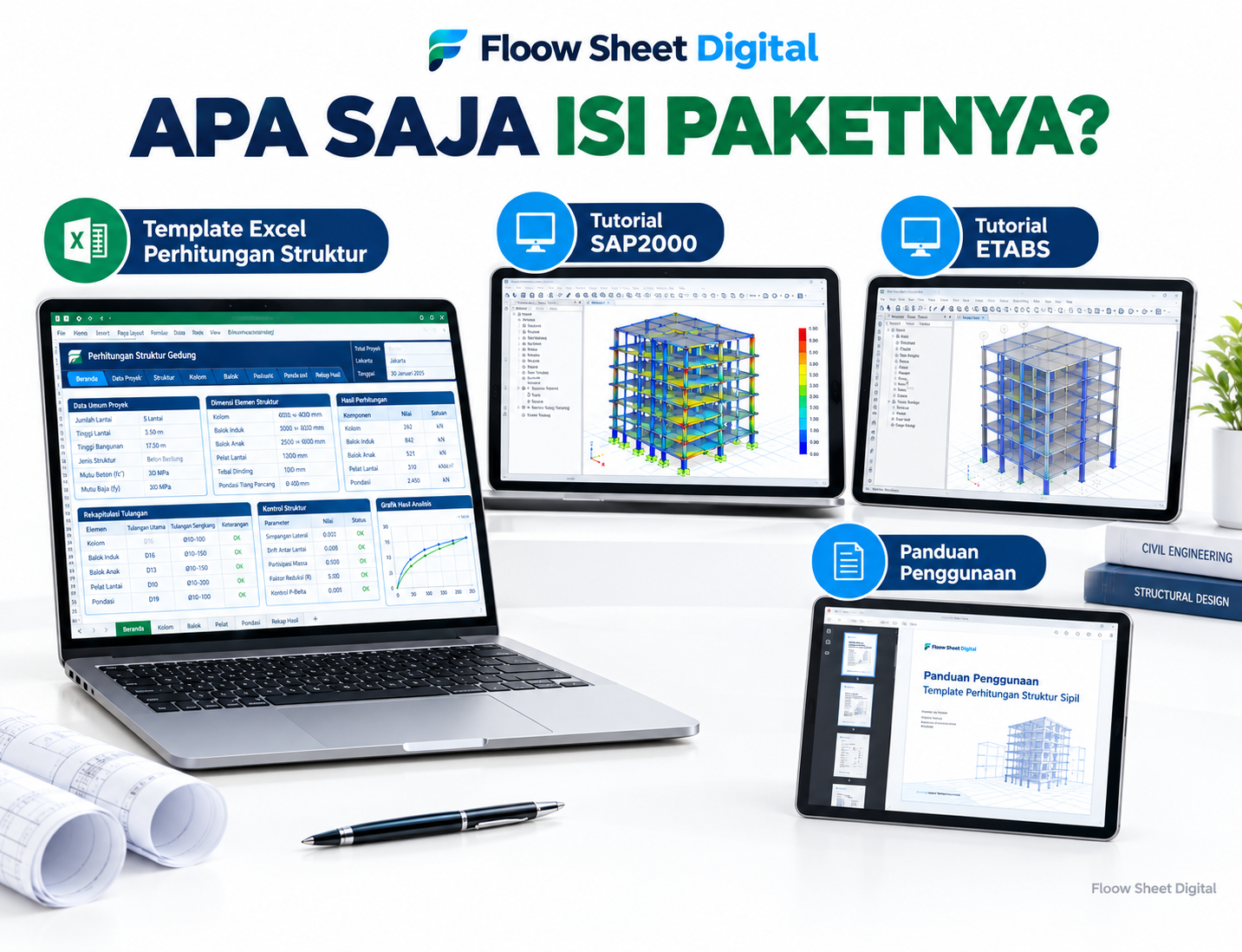 Paket Template Perhitungan Struktur Sipil Excel + Tutorial SAP2000 & ETABS | Siap Pakai