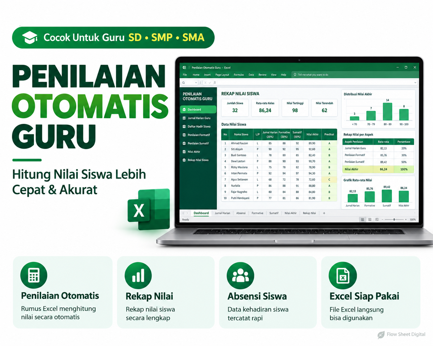 Template Excel Penilaian Guru Otomatis | Daftar Nilai Siswa, Absensi & Jurnal Harian Siap Pakai