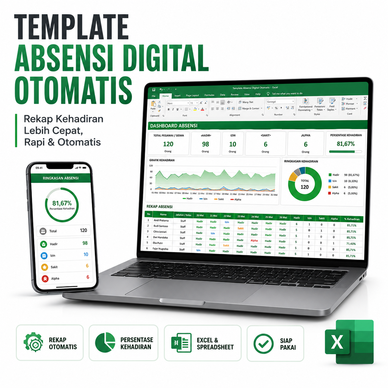 Template Excel Absensi Digital Otomatis | Rekap Kehadiran Karyawan Guru & Siswa | Dashboard Absensi Siap Pakai