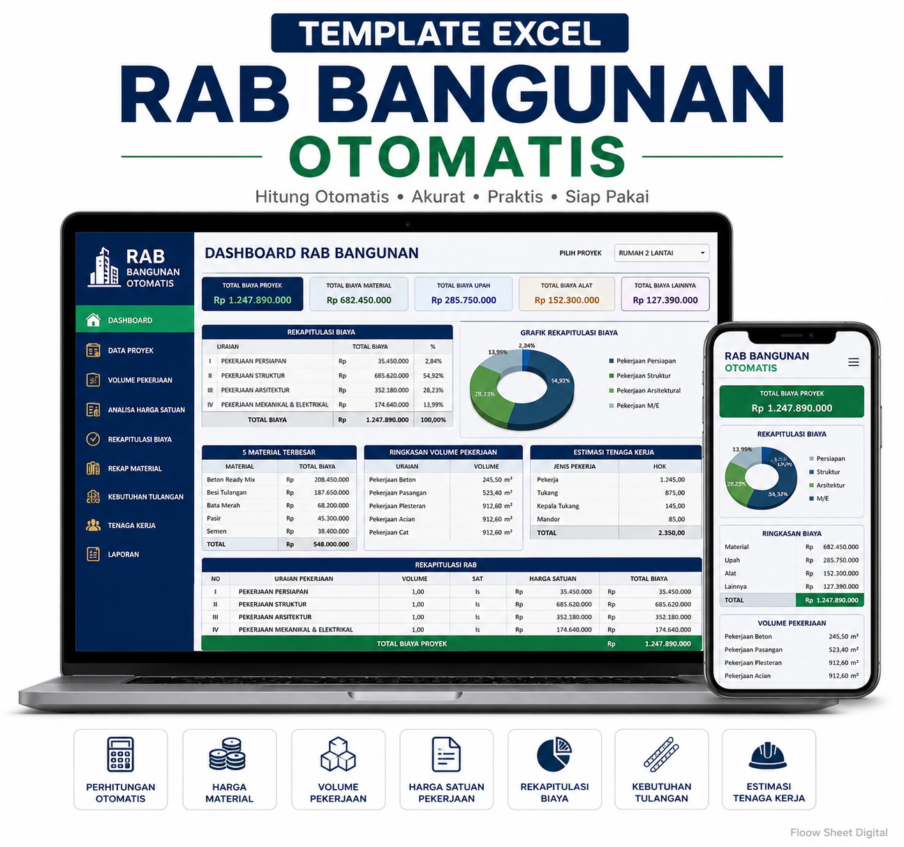 Template Excel RAB Bangunan Otomatis | Hitung Volume, Material & Rekap Biaya