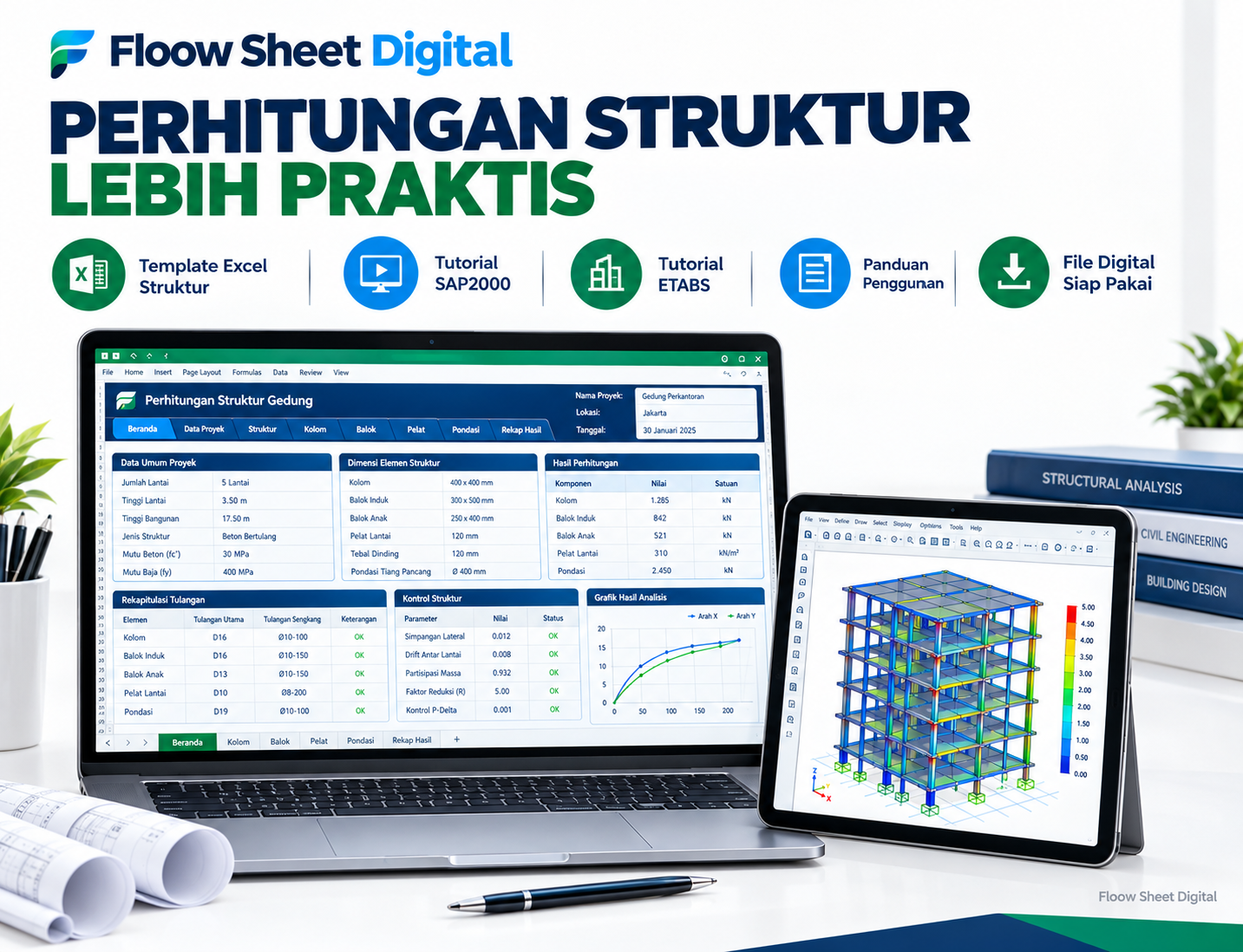 Paket Template Perhitungan Struktur Sipil Excel + Tutorial SAP2000 & ETABS | Siap Pakai